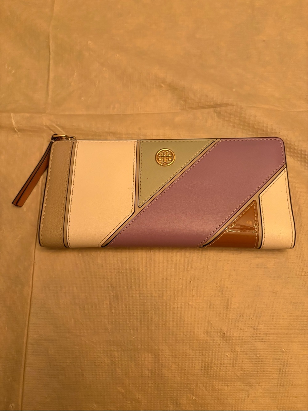 Tory Burch Colorblock Leather Zip Wallet in White, Lavender & Tan